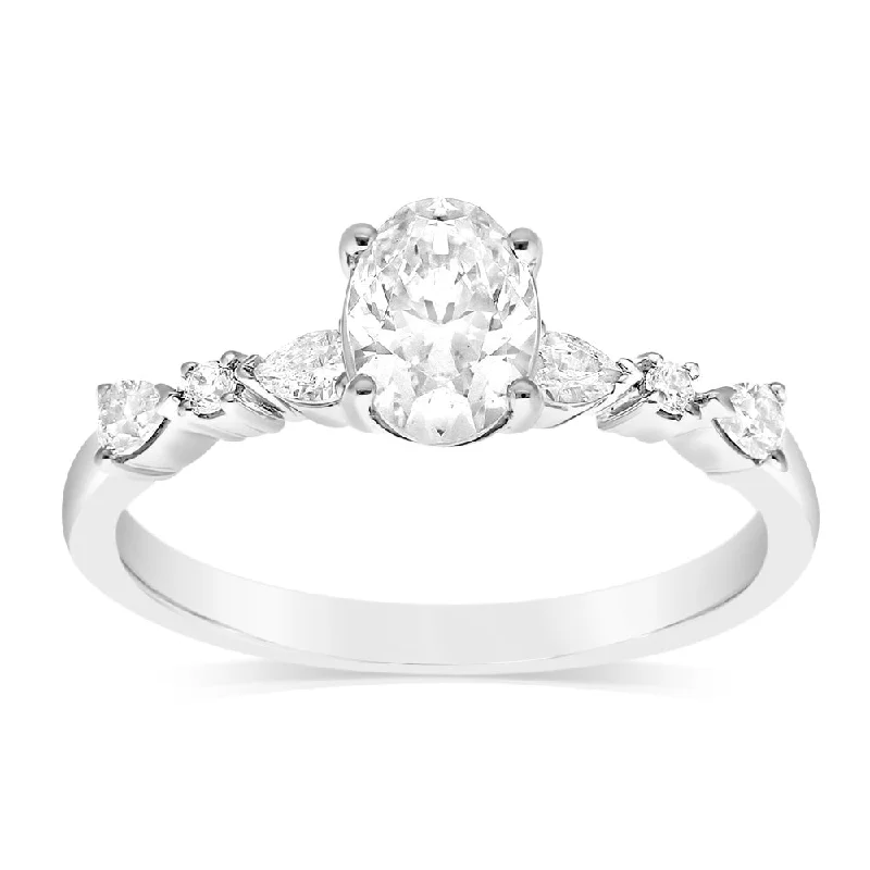 minimalist arch ring-Luminesce Lab Grown Cross 1 Carat Diamond Solitaire Fancy Ring with Central Oval Cut in 14ct White Gold