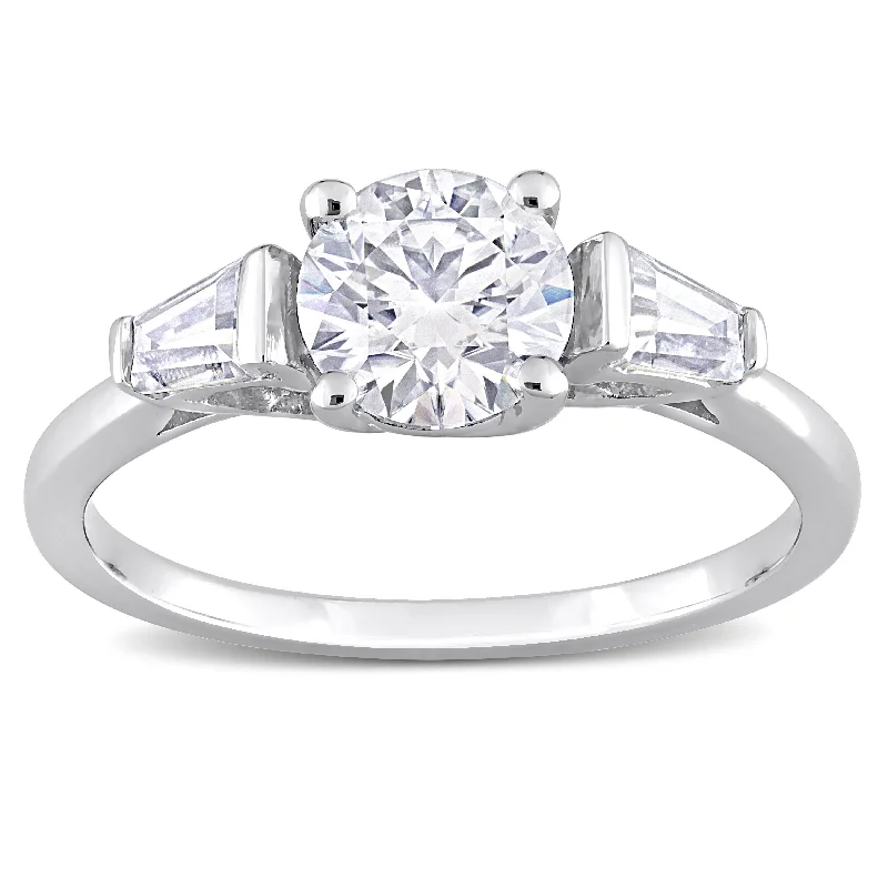 bohemian peak ring-Miadora 1 1/5ct DEW Taper Created Moissanite Three Stone Ring in Sterling Silver