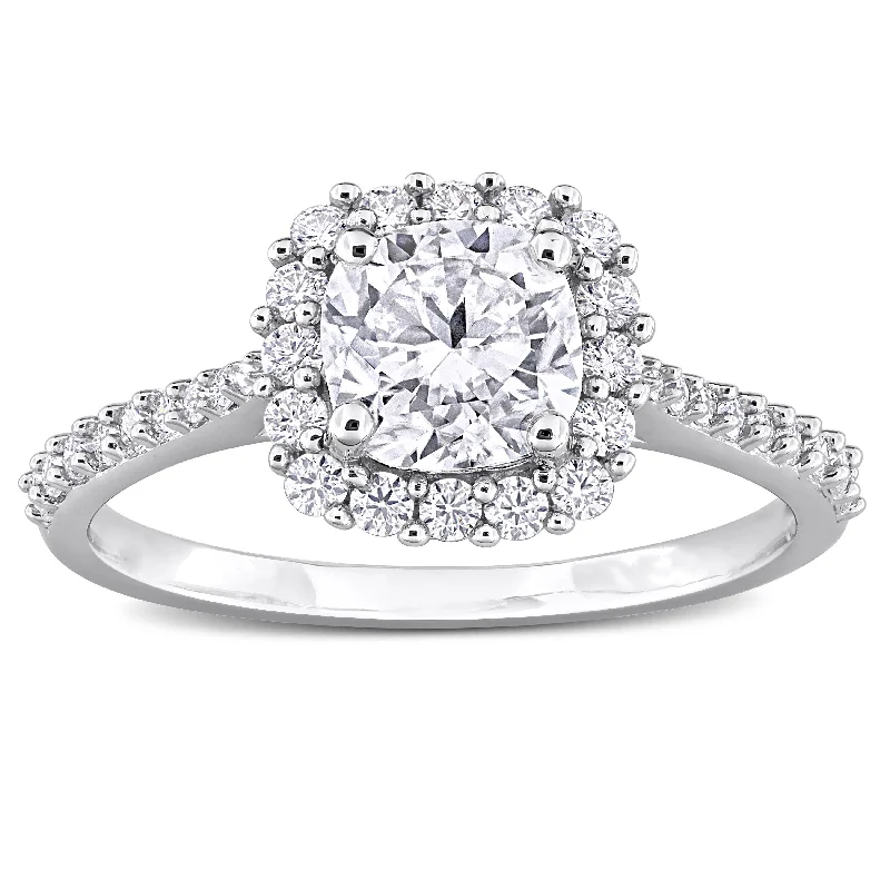 floral channel diamond ring-Miadora 1 3/8ct DEW Cushion-Cut Created Moissanite Halo Ring in Sterling Silver