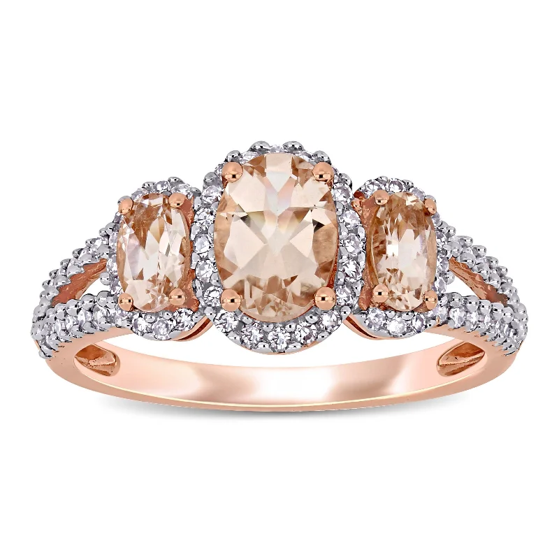 striking tanzanite stack ring-Miadora 14k Rose Gold Oval-cut Morganite and 1/3ct TDW Diamond 3-Stone Halo Engagement Ring