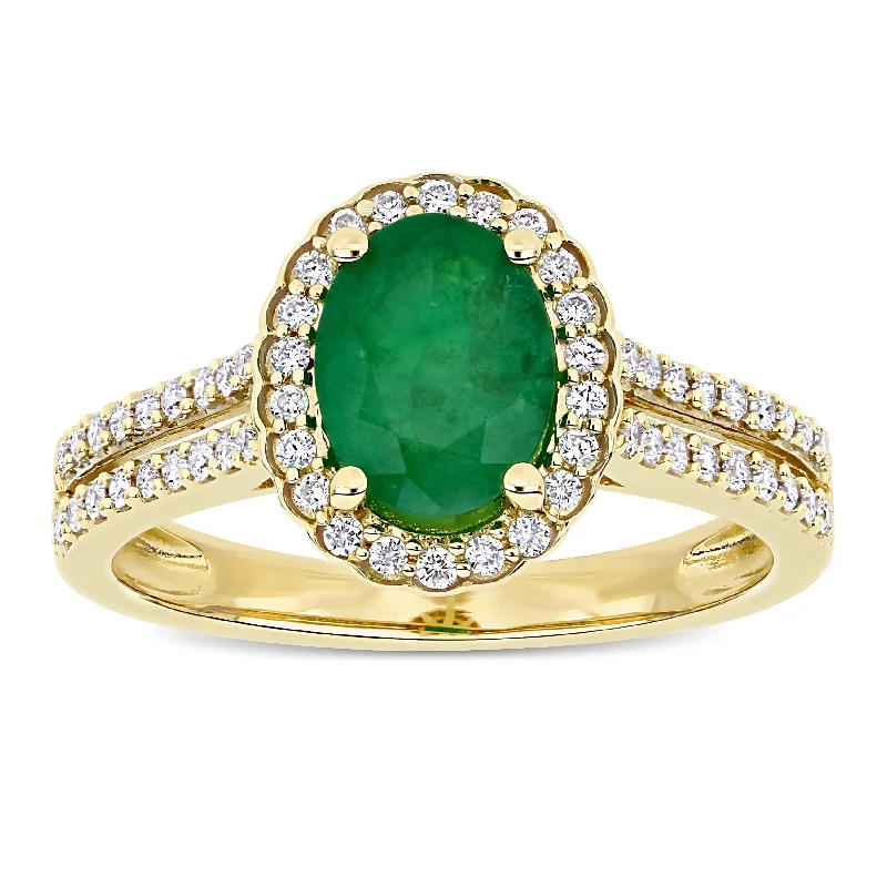 gothic-inspired owl ring-Miadora 14k Yellow Gold Oval-cut Emerald and 1/3ct TDW Diamond Halo Split Shank Engagement Ring