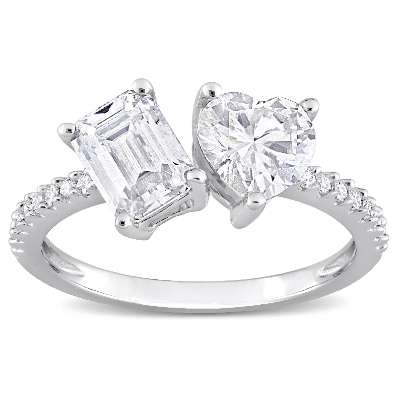 modern sleek ridge ring-Miadora 2 1/8ct DEW Octagon Heart-Shape and Created Moissanite 2-Stone Ring in Sterling Silver