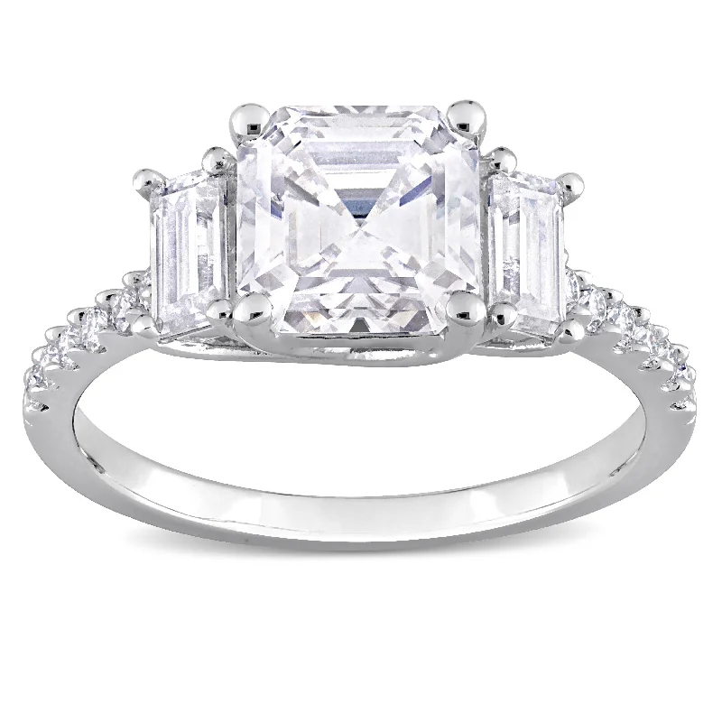 engraved oath ring-Miadora 2 5/8ct DEW Octagon Asscher-Cut Baguette-Cut and Created Moissanite 3-Stone Ring in Sterling Silver