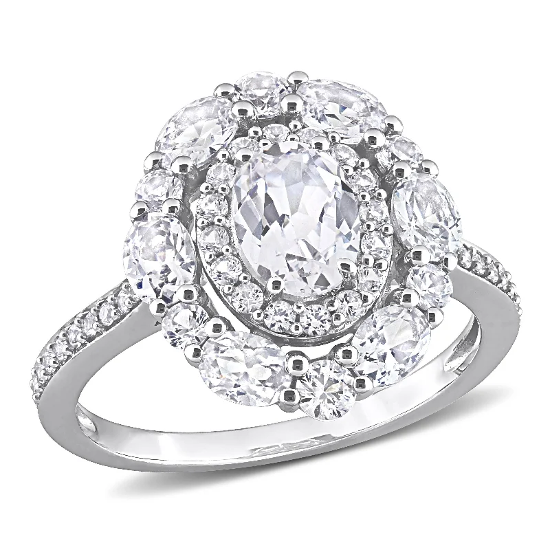 floral channel topaz ring-Miadora 3 1/2ct TGW Created White Sapphire Fancy Halo Engagement Ring in 10k White Gold