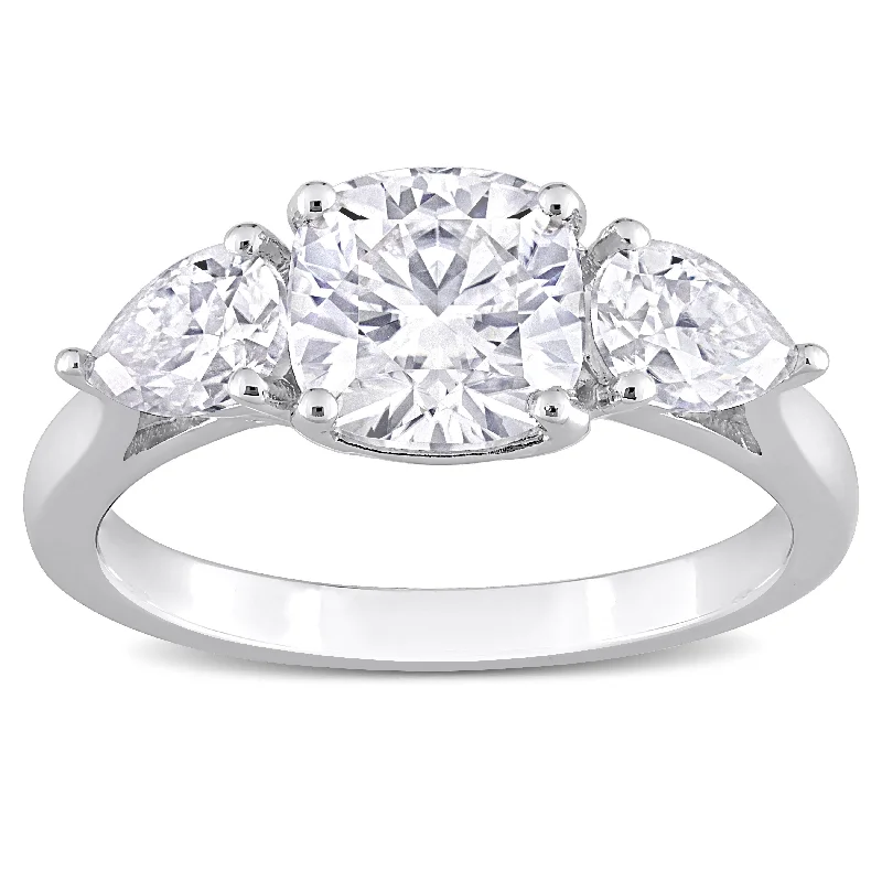 polished silver stack ring-Miadora 3ct DEW Cushion-Cut and Pear Created Moissanite 3-Stone Ring in Sterling Silver