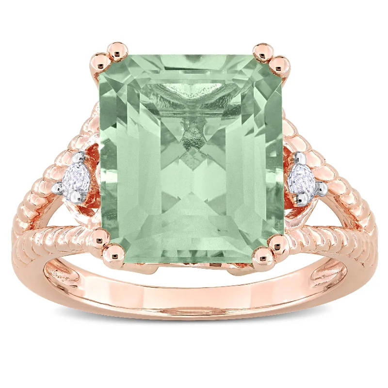 gothic-inspired hawk ring-Miadora 5 2/3ct TGW Octagon-Cut Green Quartz and White Topaz Ring in Rose Plated Sterling Silver