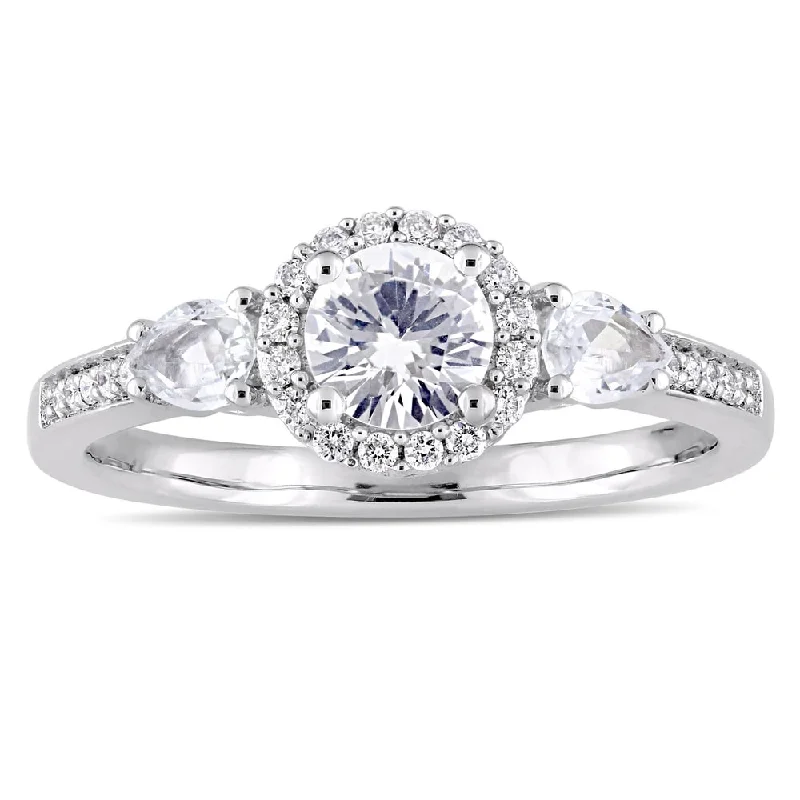 floral channel diamond ring-Miadora Signature Collection 14k White Gold White Sapphire and 1/8ct TDW Diamond Halo Engagement Rin