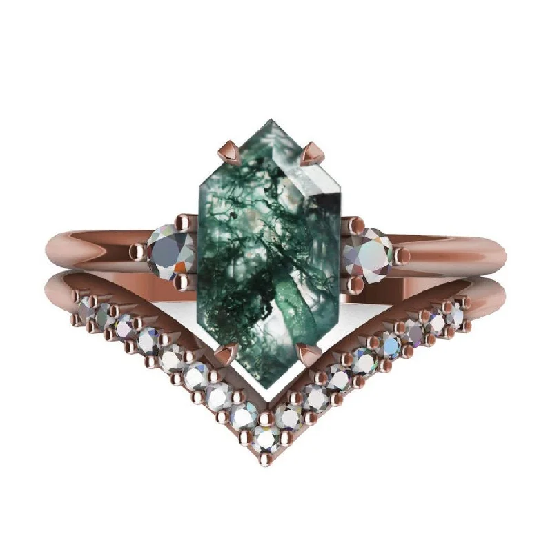 nature-themed crest ring-Hayley Hexagon Moss Agate Ring With Diamond Pave Band