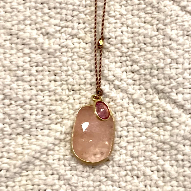 engraved honor pendant necklace-One of a Kind 14K Gold Framed Morganite with Tourmaline on Cord Necklace