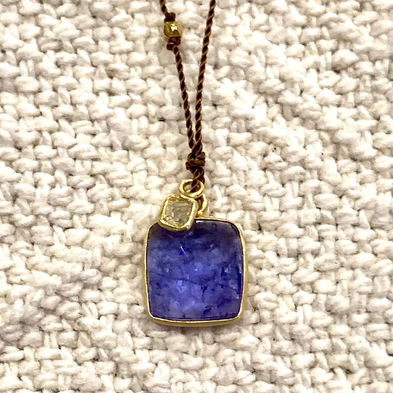 adjustable fern pendant necklace-One of a Kind 14K Gold Framed Tanzanite with Diamond on Cord Necklace