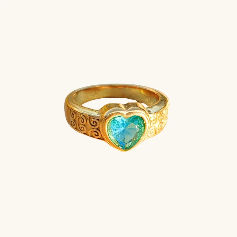 bold emerald ridge ring-Ornate Band Blue Heart Ring