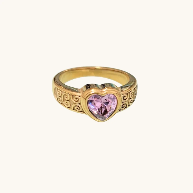 bold opal ridge ring-Ornate Band Pink Heart Ring