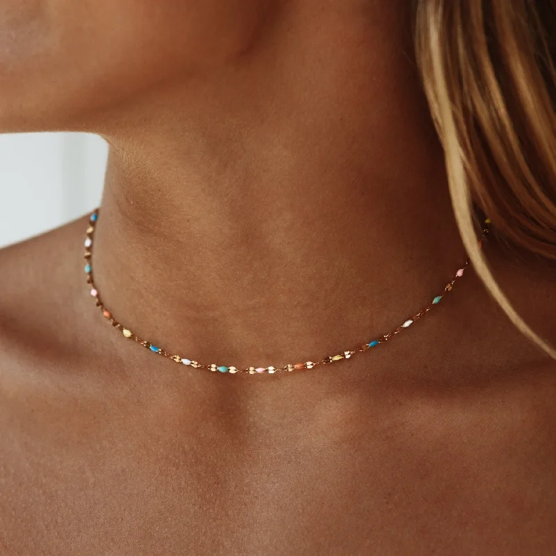 asscher-cut emerald necklace-Rainbow Dainty Choker