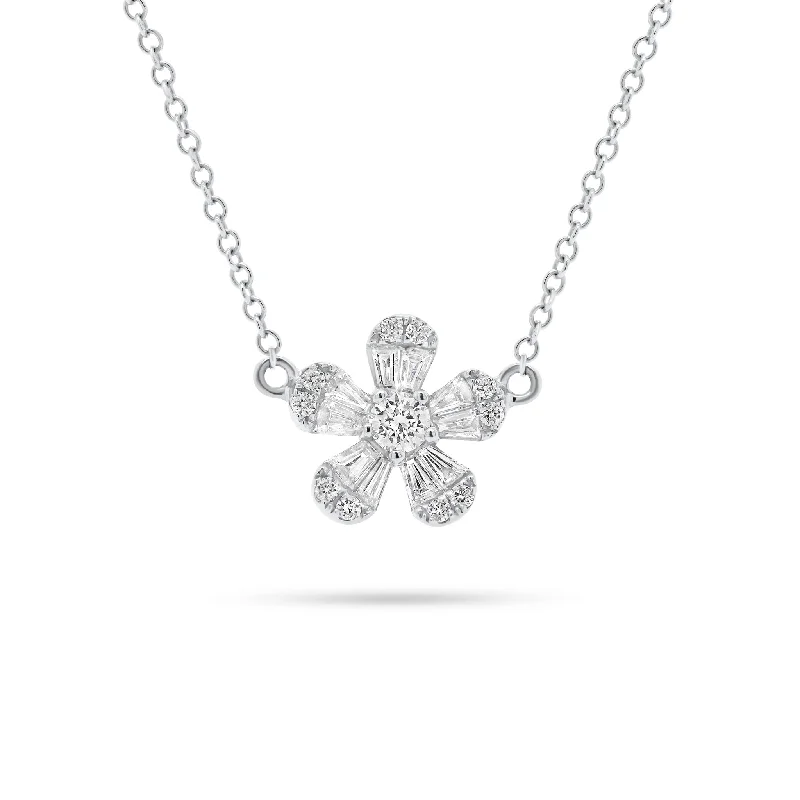 polished gold twist necklace-Round & Baguette Diamond Flower Necklace