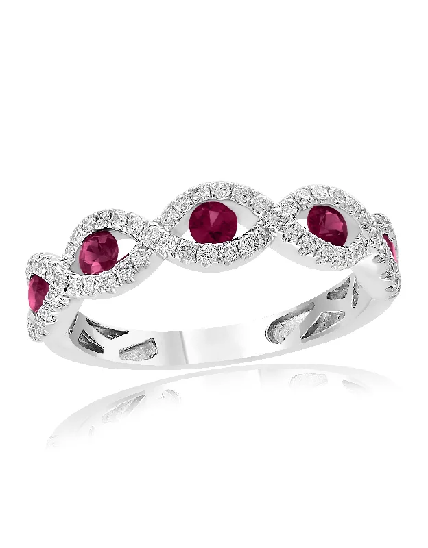 bold sapphire ridge ring-Ruby and Diamond Openwork Band in 18k White Gold