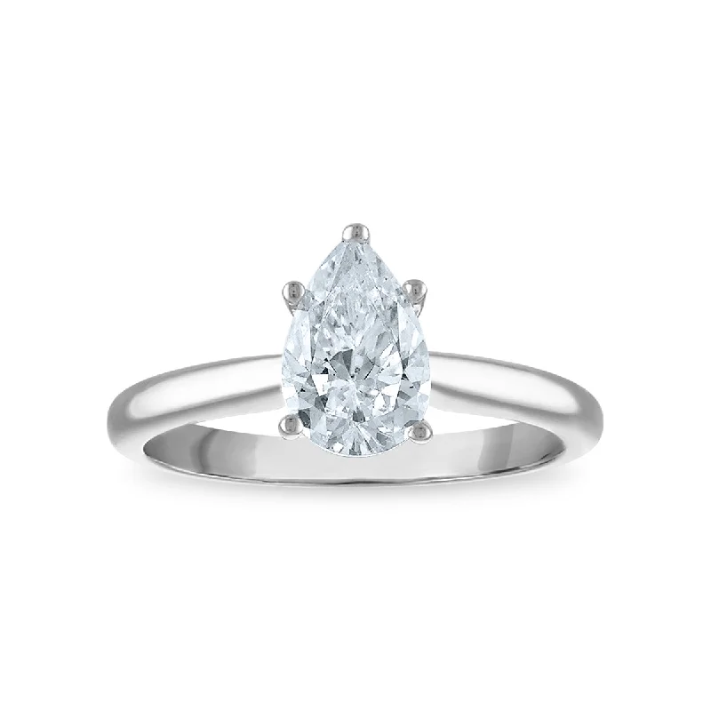 modern sleek twist ring-Signature Certificate EcoLove 1 CTW Pear Diamond Solitaire Engagement Ring in 14KT White Gold