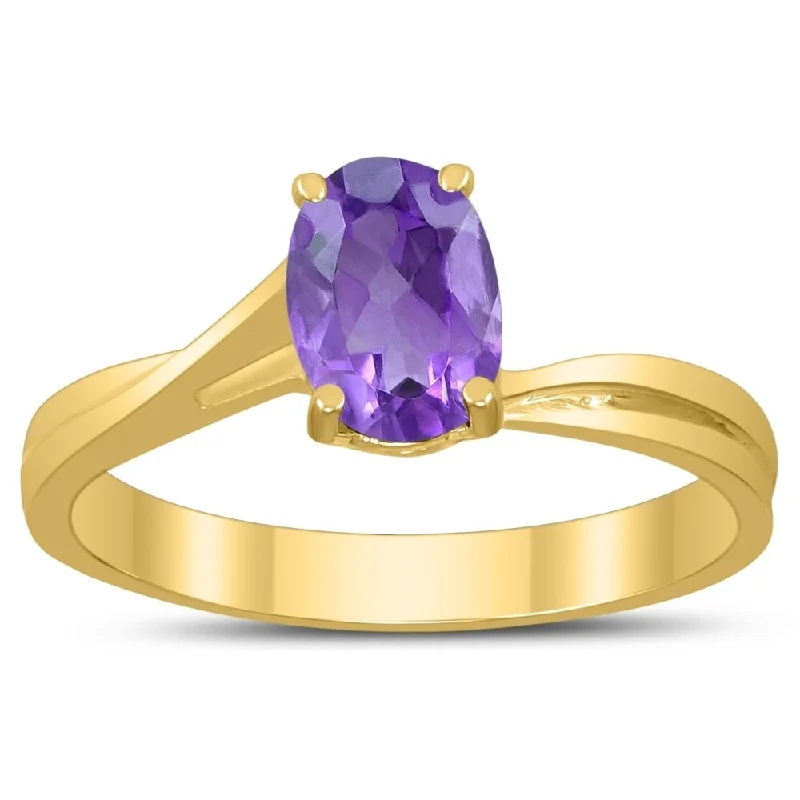 rustic amethyst inlay ring-Solitaire Oval 7X5MM Amethyst Gemstone Twist Ring in 10K Yellow Gold