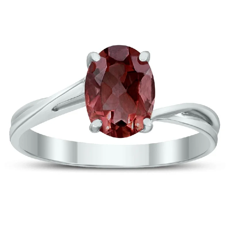 artisan-crafted rose ring-Solitaire Oval 8X6MM Garnet Gemstone Twist Ring in 10K White Gold