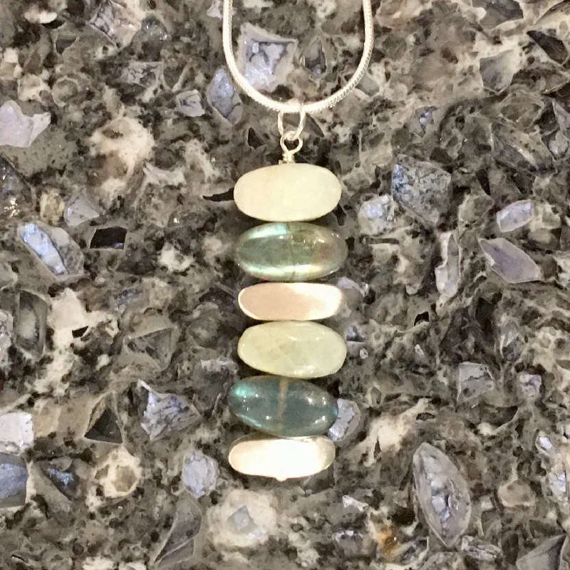 nature-themed ridge necklace-Stacked Aquamarine, Labradorite and Brushed Sterling Silver Stones Pendant Necklace