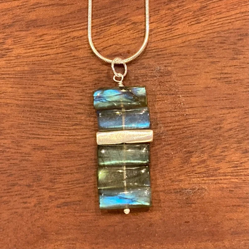 raw larimar accent necklace-Stacked Labradorite and Sterling Silver Necklace