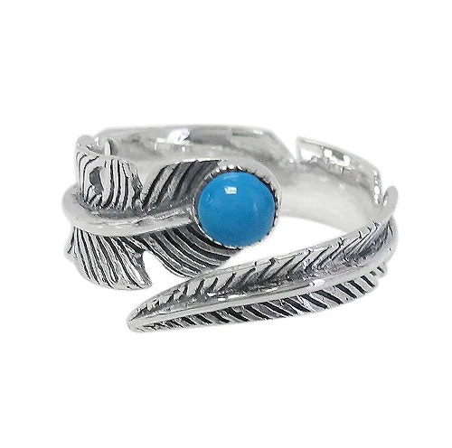 bohemian tribal ring-Sterling Silver, feather ring with 4mm synthetic turquoise, 13mm width