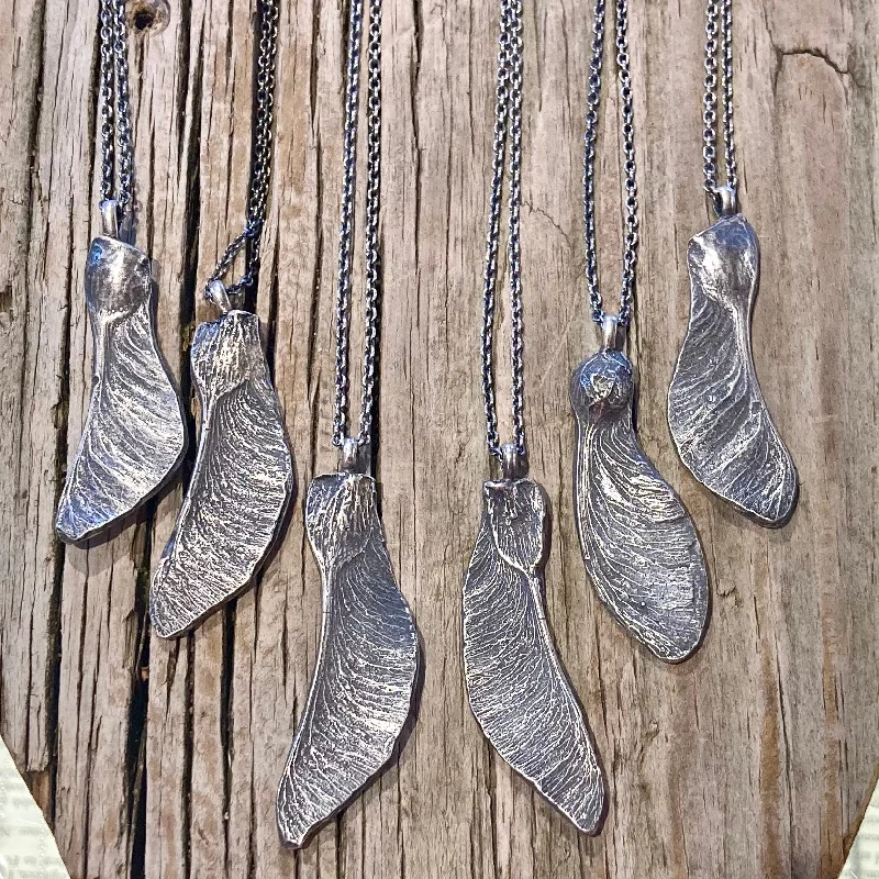 gothic-inspired wolf necklace-Sterling Silver Maple Seed Wing Necklace