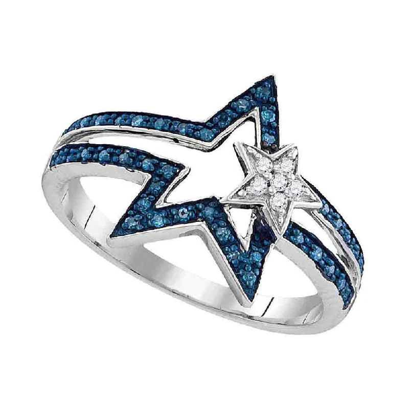 engraved oath ring-Sterling Silver Womens Round Blue Color Enhanced Diamond Double Star Ring 1/6 Cttw