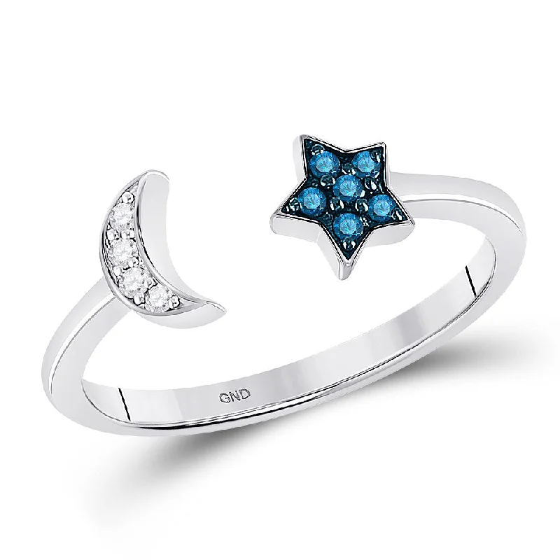 bold ruby ridge ring-Sterling Silver Womens Round Blue Color Enhanced Diamond Moon Star Ring 1/10 Cttw