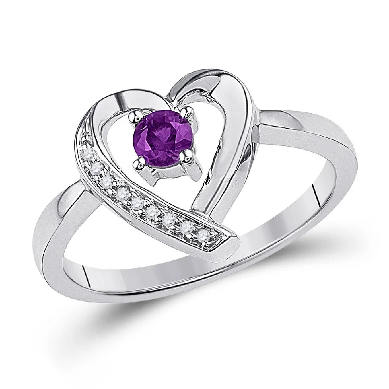 nature-themed fern ring-Sterling Silver Womens Round Lab-Created Amethyst Diamond Heart Ring 1/4 Cttw