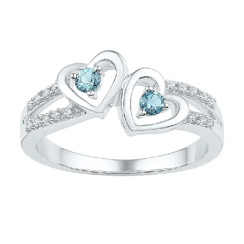 antiqued silver band ring-Sterling Silver Womens Round Lab-Created Aquamarine Diamond Heart Ring 1/5 Cttw