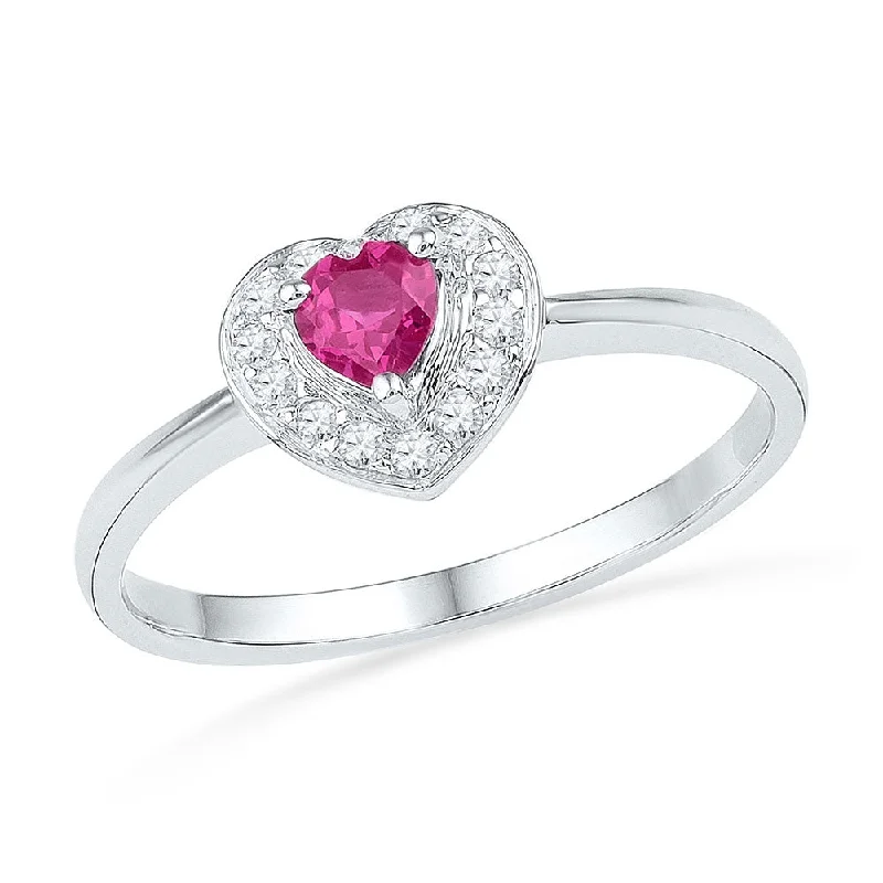 floral eternity ruby ring-Sterling Silver Womens Round Lab-Created Pink Sapphire Diamond Heart Ring 3/8 Cttw