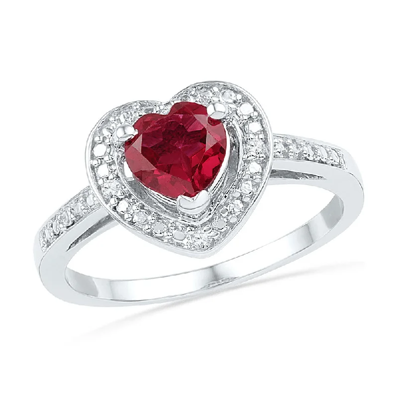 raw spinel statement ring-Sterling Silver Womens Round Lab-Created Ruby Heart Diamond Ring 1 Cttw