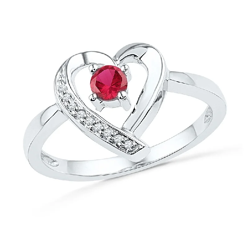 gothic-inspired hawk ring-Sterling Silver Womens Round Lab-Created Ruby Solitaire Diamond Heart Ring 1/4 Cttw