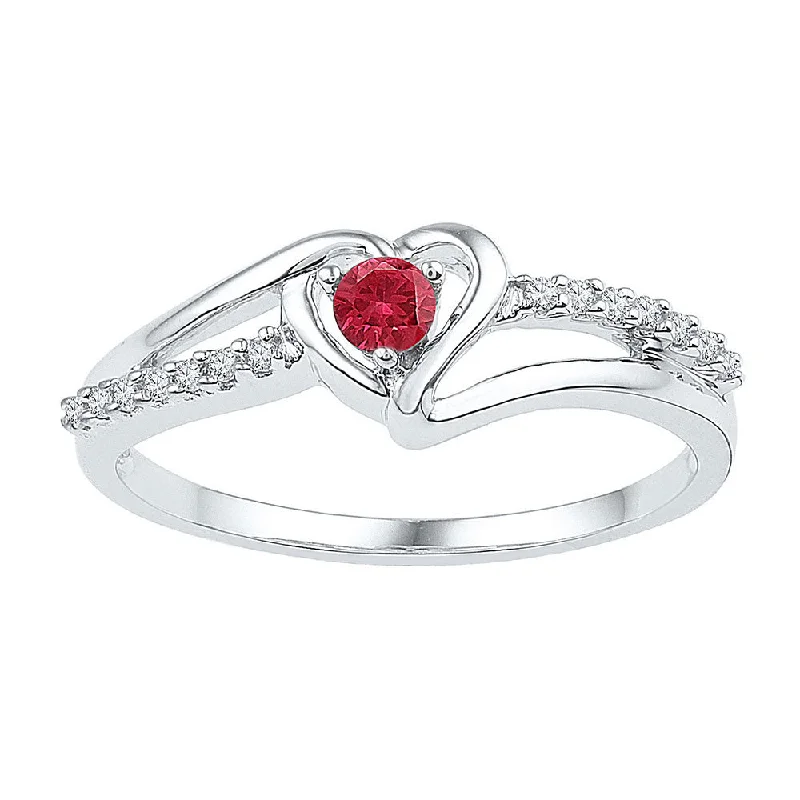 modern orbit diamond ring-Sterling Silver Womens Round Lab-Created Ruby Solitaire Diamond Heart Ring 1/5 Cttw