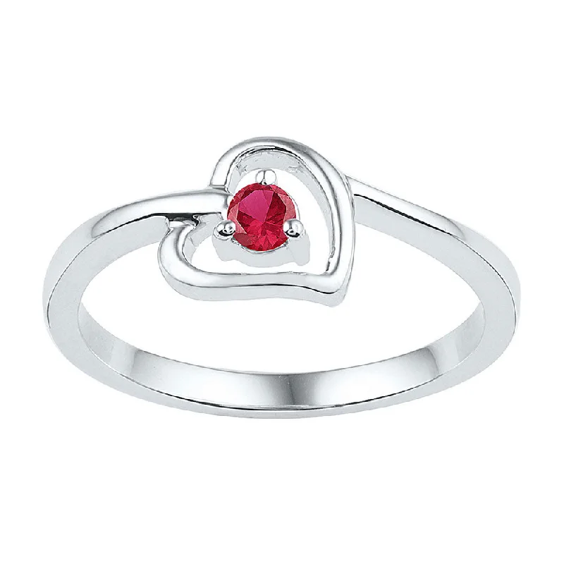 artisan-crafted platinum ring-Sterling Silver Womens Round Lab-Created Ruby Solitaire Heart Ring 1/5 Cttw