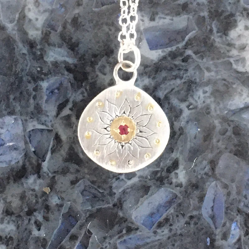 engraved vow pendant necklace-Sunflower Ruby 18K Gold and Sterling Silver Pendant Necklace