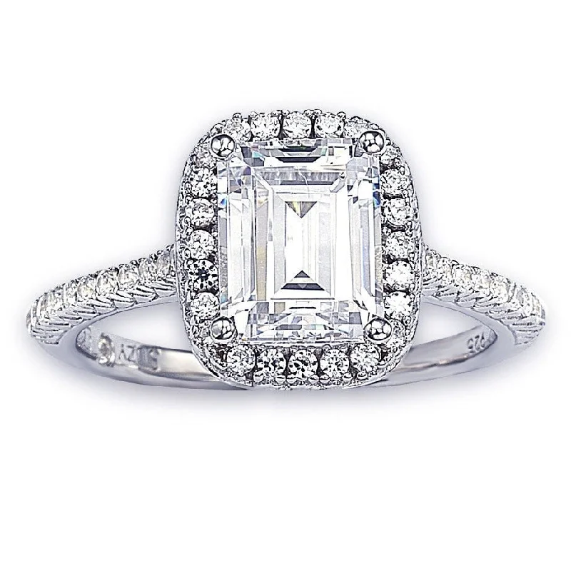 minimalist peak ring-Suzy Levian Bridal Sterling Silver Asscher-cut White Cubic Zirconia Halo Engagement Ring