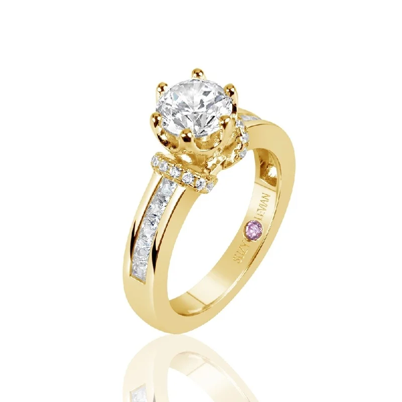 adjustable flame ring-Suzy Levian Golden Sterling Silver Cubic Zirconia Round Cut Engagement Ring