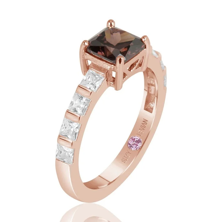 bold garnet ridge ring-Suzy Levian Rose Sterling Silver Light Brown Asscher Cut Cubic Zirconia Solitaire Engagement Ring