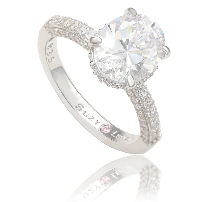 modern fused-stack ring-Suzy Levian Sterling Silver Oval Cubic Zirconia  Pave Engagement Ring