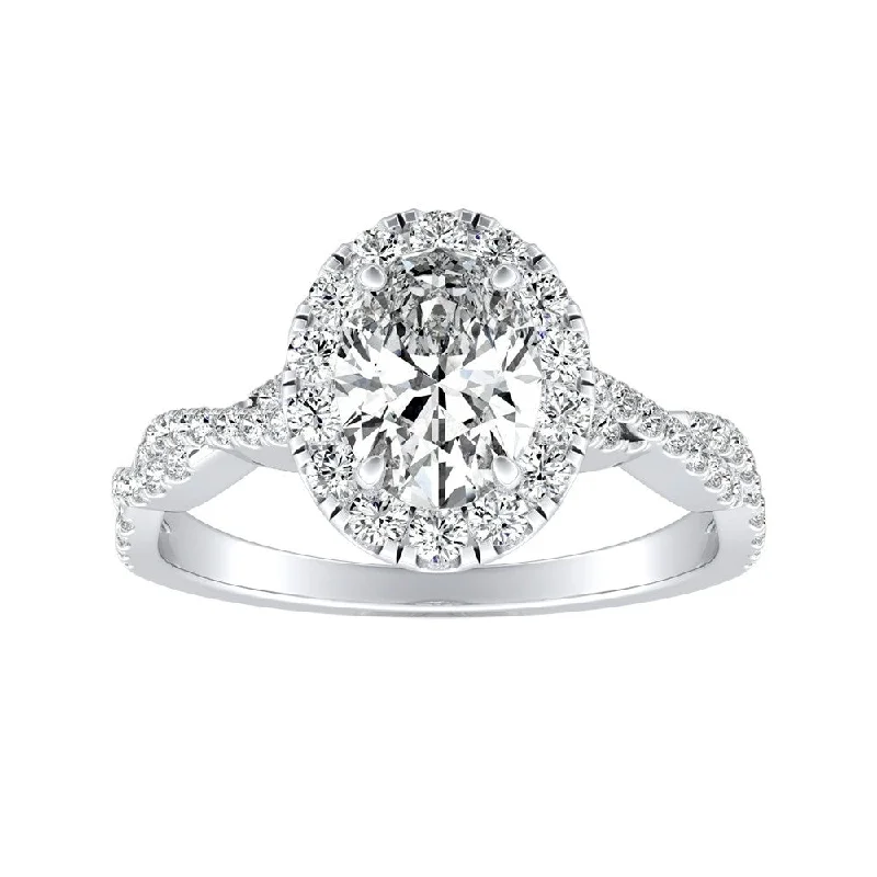 floral channel diamond ring-Twisted Oval-cut 1 1/10ctw 14k Gold Halo Diamond Engagement Ring by Auriya (I-J, I1-I2)