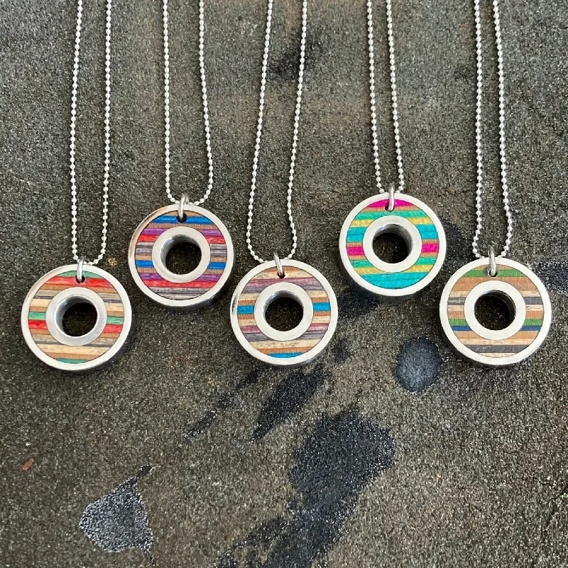 minimalist peak necklace-Upcycled Wood Skateboard Ball Bearing Necklaces