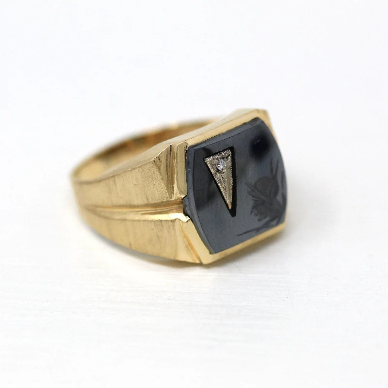 adjustable arch ring-Vintage Hematite Ring - Retro 14k Yellow Gold Intaglio Carved Gray Roman Gem Warrior - Circa 1960s Era Size 10 1/2 Statement Diamond Jewelry