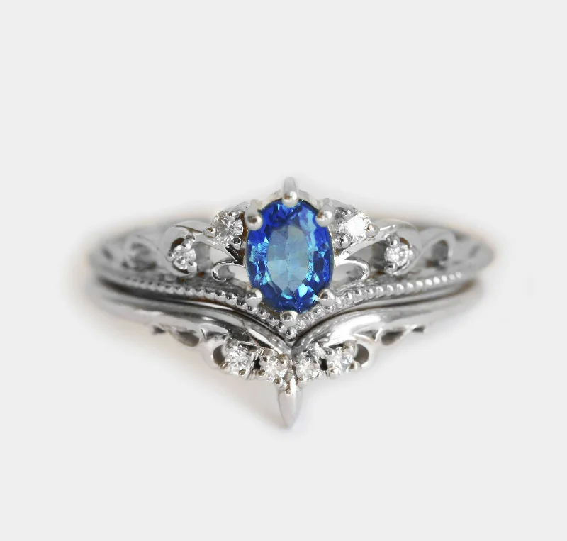 vintage-style alexandrite ring-Jacqueline Vintage Blue Sapphire Diamond Ring Set