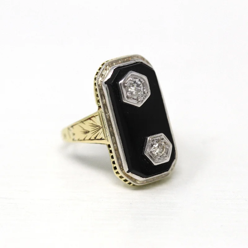 artisan-crafted rose ring-Vintage Onyx Ring - Art Deco 14k Yellow & White Gold Genuine .12 CT Diamond Statement - Circa 1930s Size 3.25 Rectangular Gem Fine Jewelry