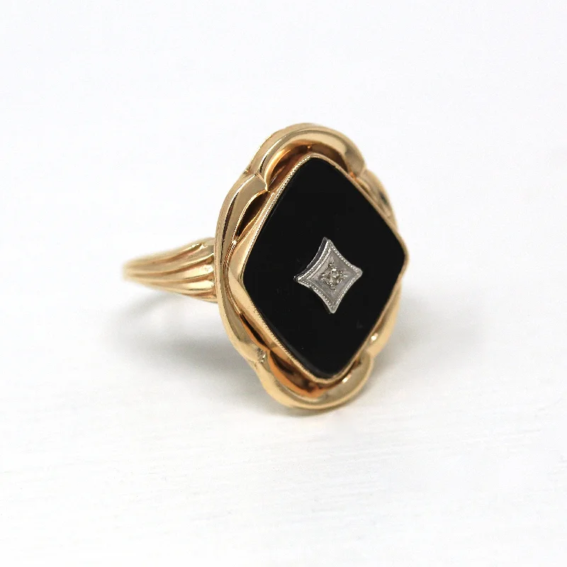 gothic-inspired phoenix ring-Vintage Onyx Ring - Retro 10k Yellow Gold Fancy Cut Genuine Black Gemstone - Circa 1940s Era Size 5 Statement Diamond Fine Esemco Jewelry