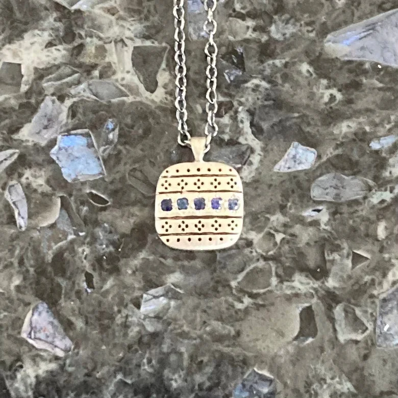 polished gold stack necklace-Wanderer Sapphires and Sterling Silver Square Pendant Necklace