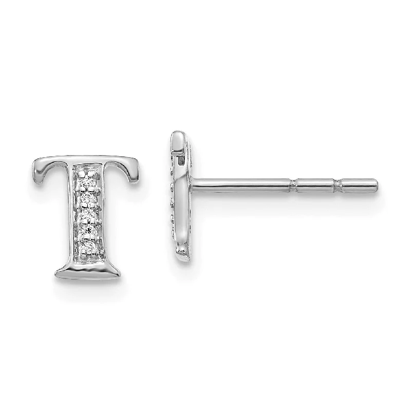 boho-inspired spinel earrings-1/33 CTW Diamond Stud Initial Earrings in 14KT White Gold; Initial T