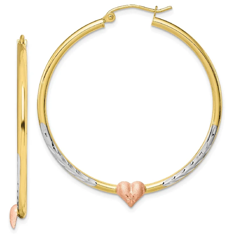 boho-inspired agate earrings-10KT Gold Tri-Color 3.5X40MM Diamond-cut Heart Hoop Earrings