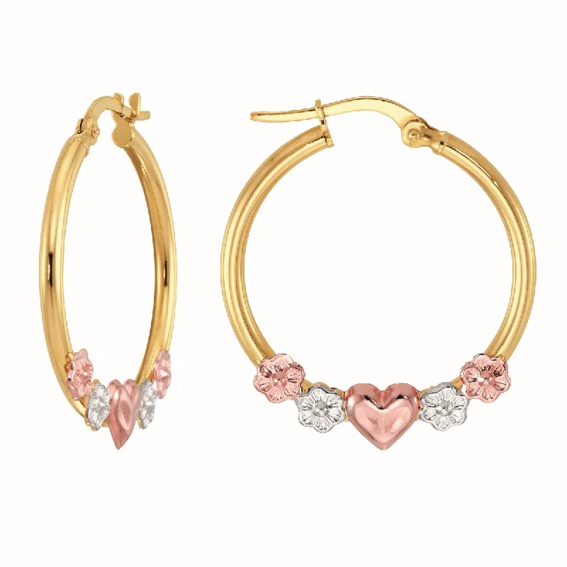 antiqued gold stack earrings-10KT Tri-Color Gold Heart Flower Hoop Earrings